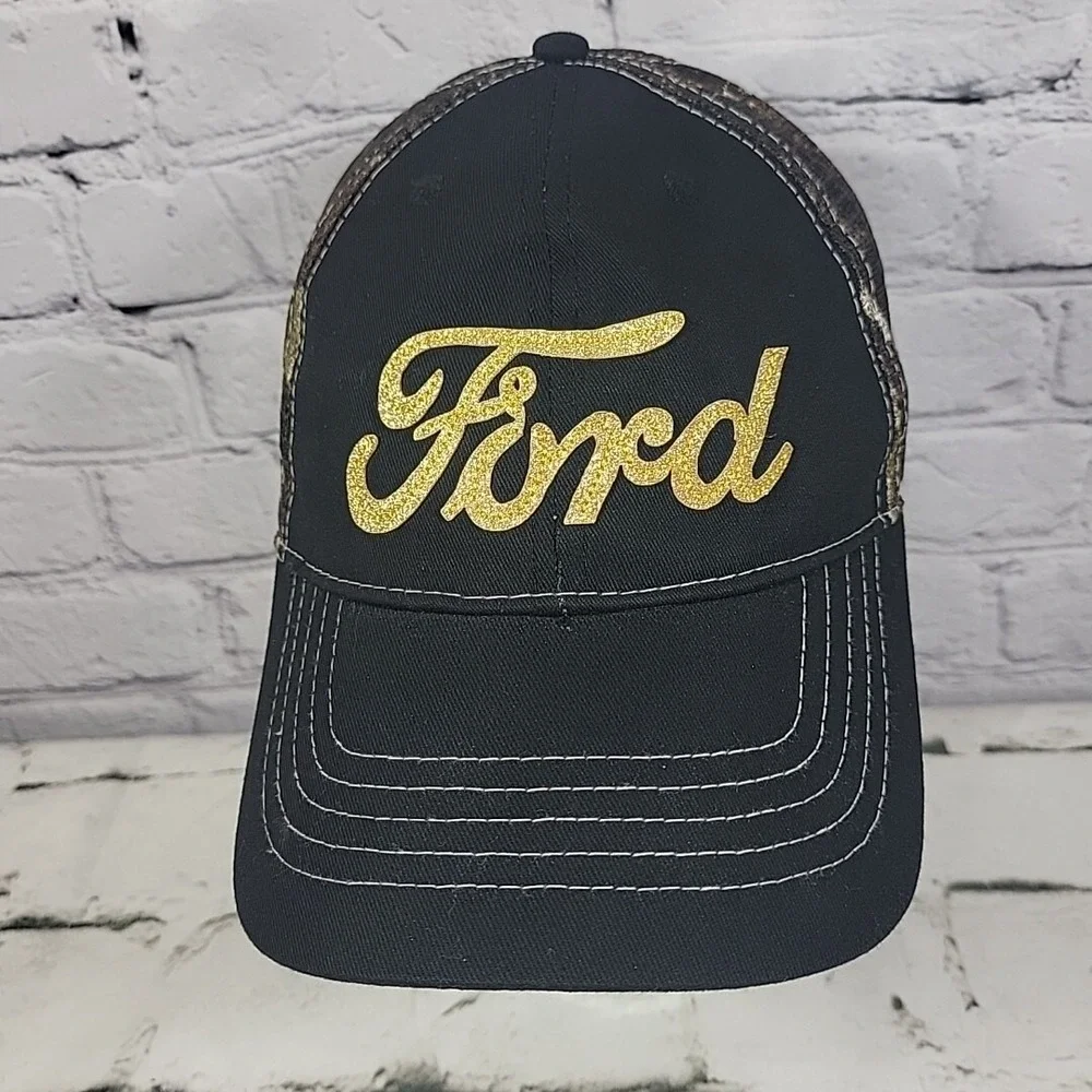 Ford Hat Womens OSFM Camo Adjustable Gold Glitter Brand Advertising Ball Cap